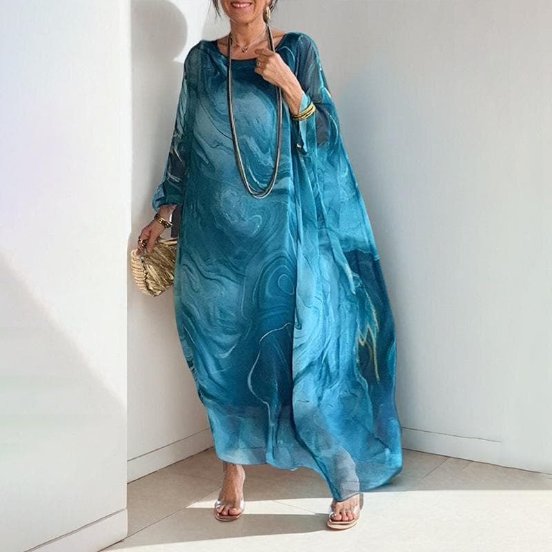 Women's Spring New Women's Clothing Temperament Elegant Fashion Printed Long Crew Neck Dress 2XL blue