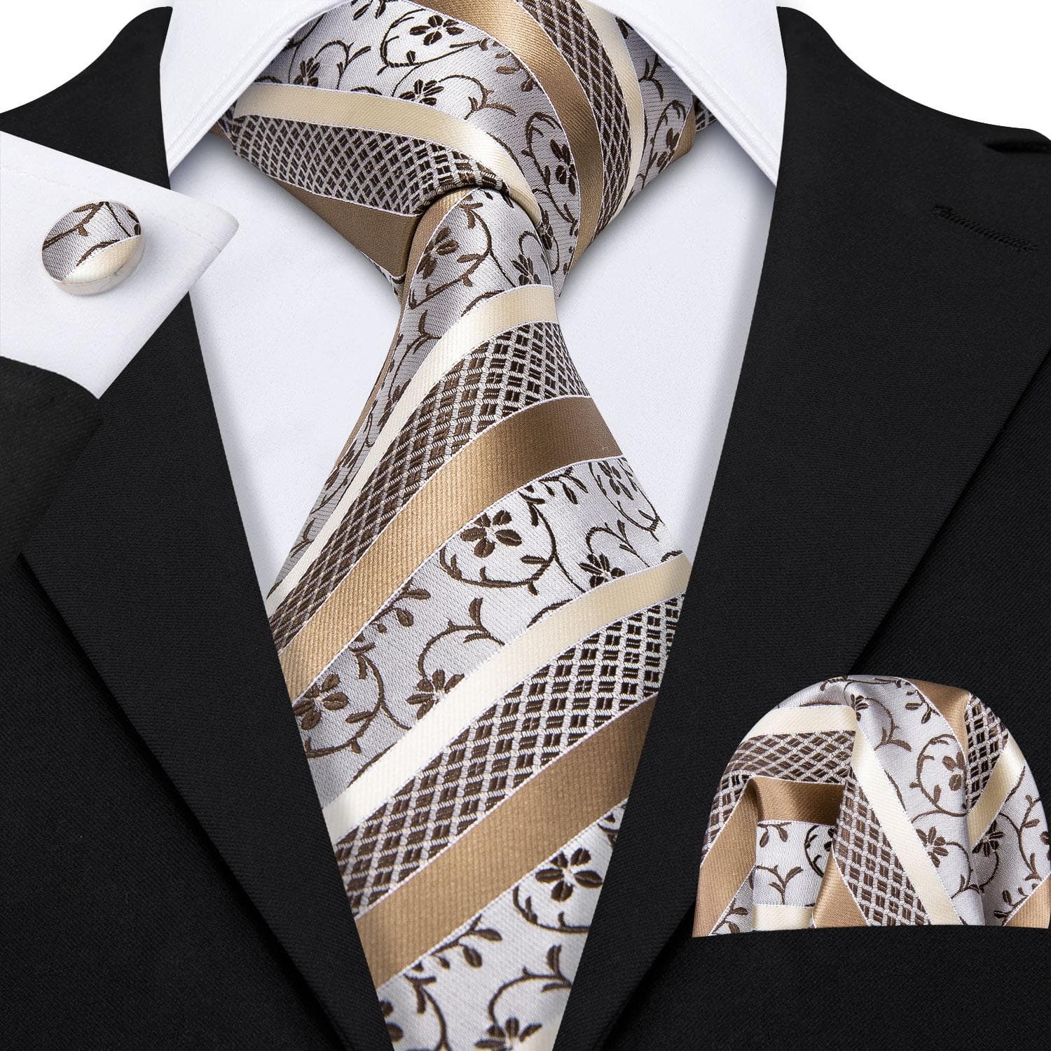 Hi-Tie Mens Accessories Silk Tie Handkerchief Cufflinks Set for Wedding Party Floral Solid Necktie N-0905
