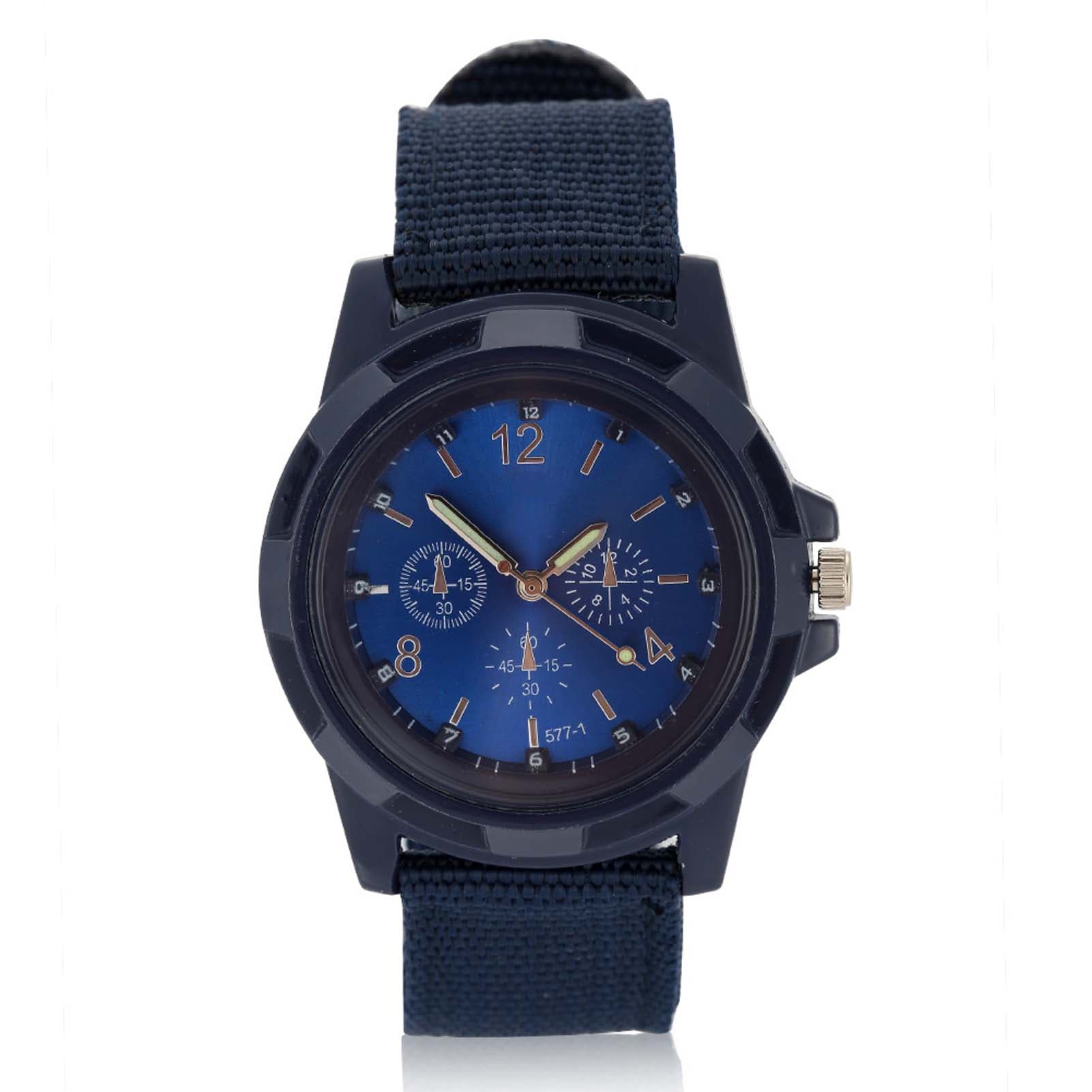 Electronic Analog Wrist Watch Round Nylon Strap Military Wristwatch (Black)