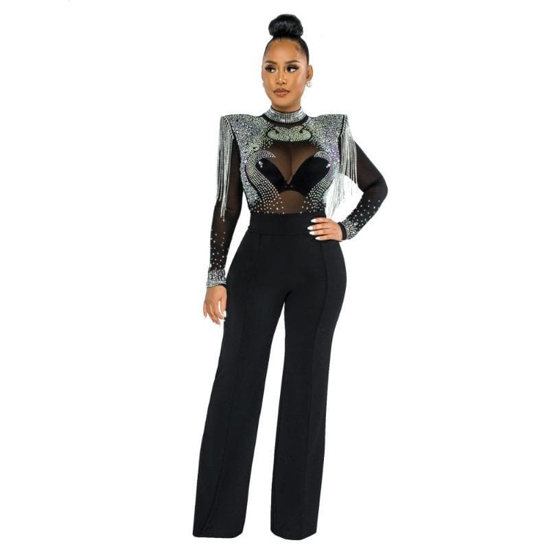 Women's Fashion Sexy Casual Slim High Neck See-through Hot Diamond Tassel Models Jumpsuit Women M black