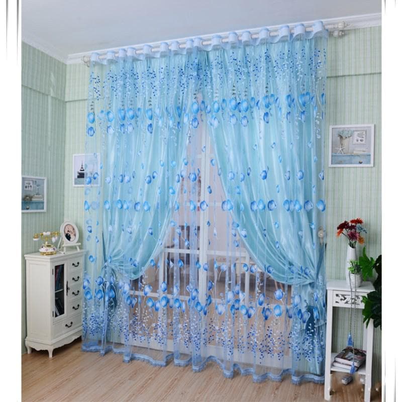 Decorative Tulle Printed Curtains For Living Room Kitchen Window Drapes 100*200cm blue