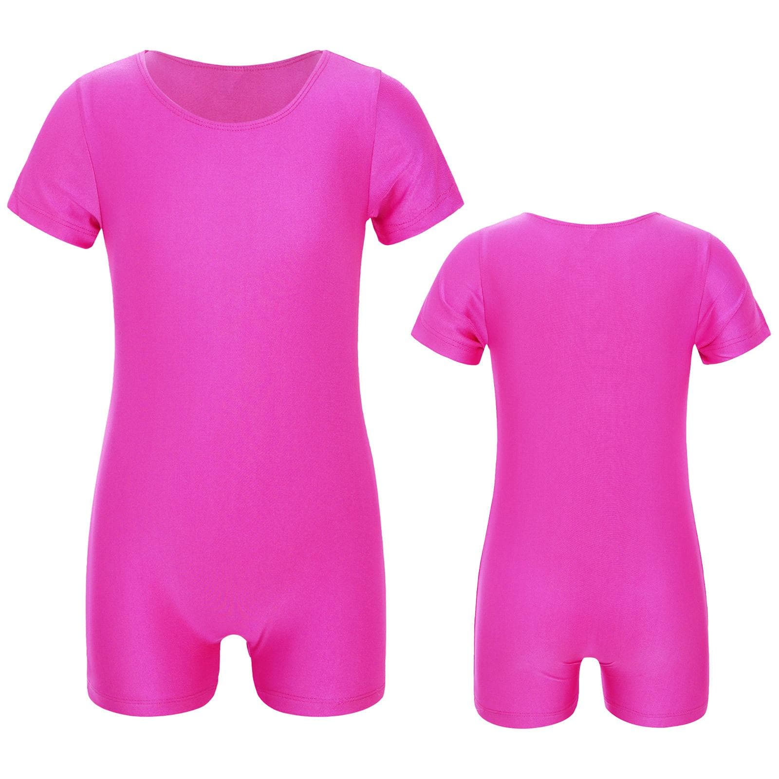 Kids Boys Girls Short Sleeves Solid Color Stretchy Ballet Dance Gymnastics Leotard Jumpsuit Unitard 11-12 Years Rose