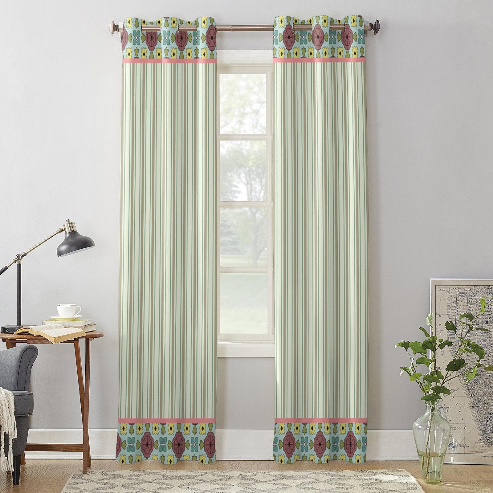 Floral Stripes Curtains for Bedroom Living Room Window Curtain Treatments Blinds Kitchen Home Decor Drapes 135W x 60H(cm) x1
