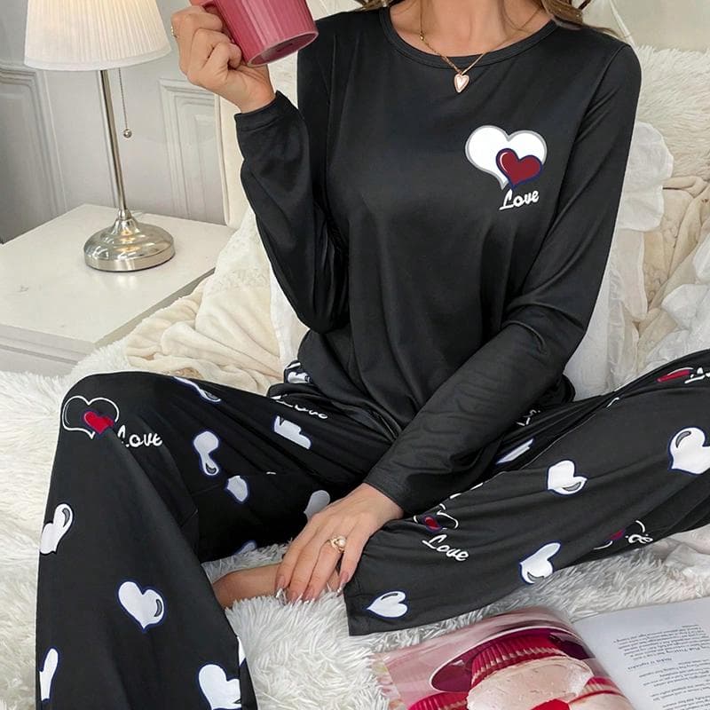 Cute Heart Print Women Pajamas Autumn Winter Long Sleeves Long Pants Pyjamas Soft Sleepwear Home Pijamas Girl Nightwear XL