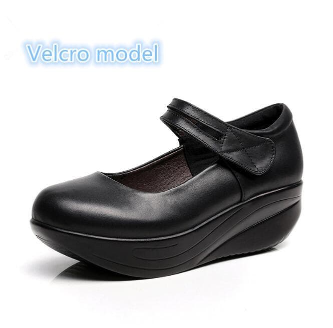 Genuine Leather Women Shoes Casual Wedge Shoes Round Head Shallow Mouth Comfort Women Shoes Lady Platform High Heel Shoes 33-43 35