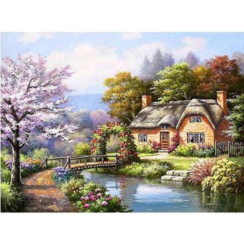 5D DIY Diamond Painting Little Bridge and Falling Water Cottage Diamond Embroidery Full Mosaic Kits Cross Stitch Home Decor Handmade Gifts Square 60x80cm