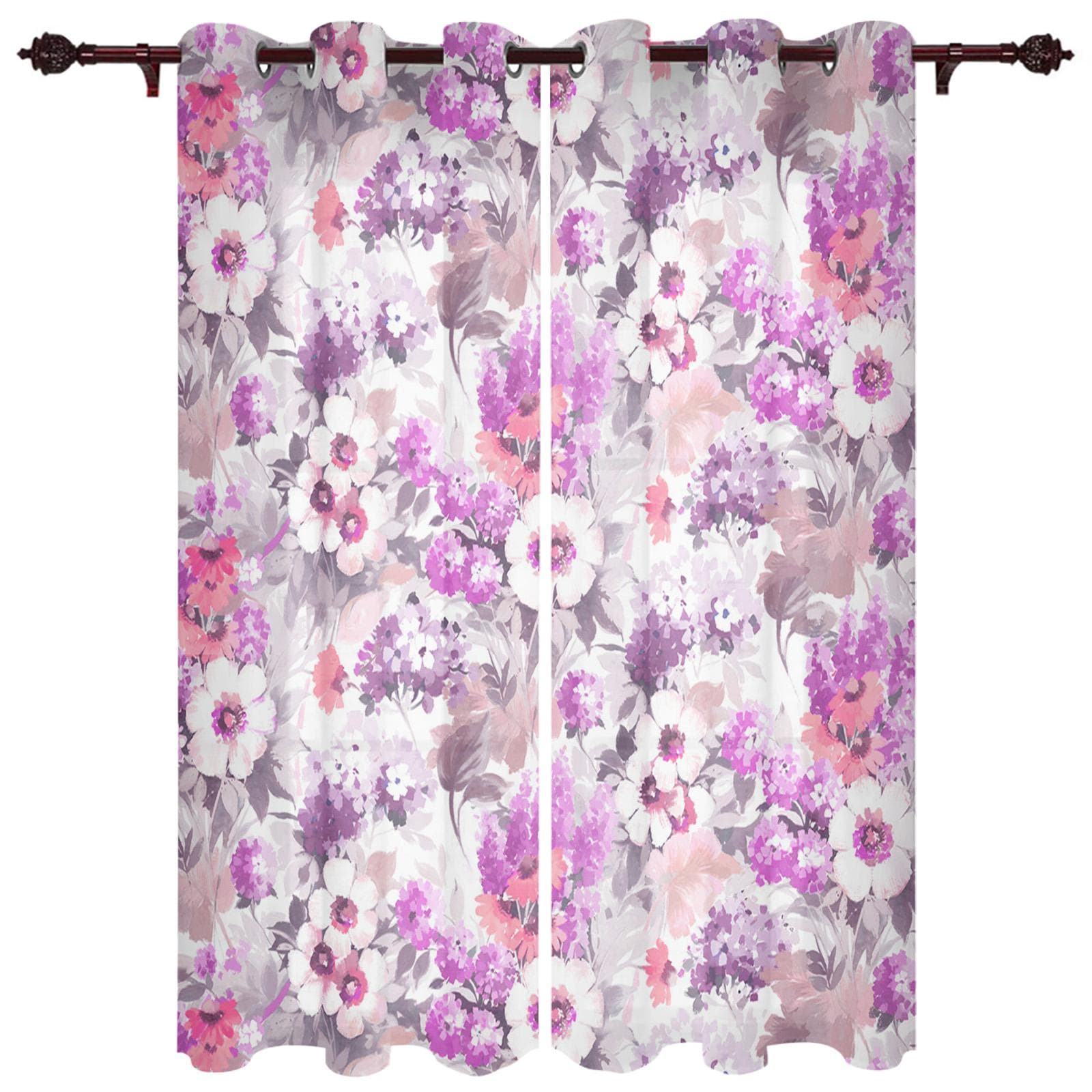 Spring Watercolor Flower Hydrangea Window Curtain for Bedroom Living Room Backdrop Curtain Home Decor Kitchen Short Curtain 135W x 60H(cm)