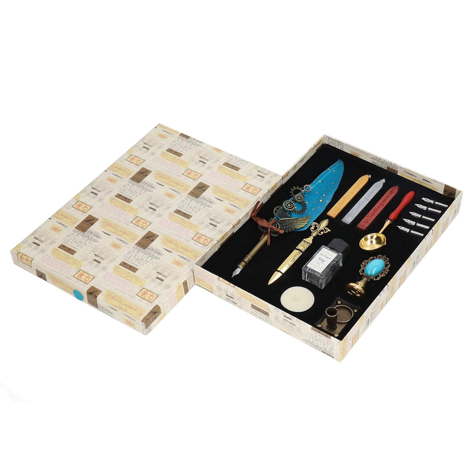 Quill Pen and Ink Set Vintage Style with Sealing Wax Stamp Glossy Quill Pen Wax Seal Stamp Set for lake blue