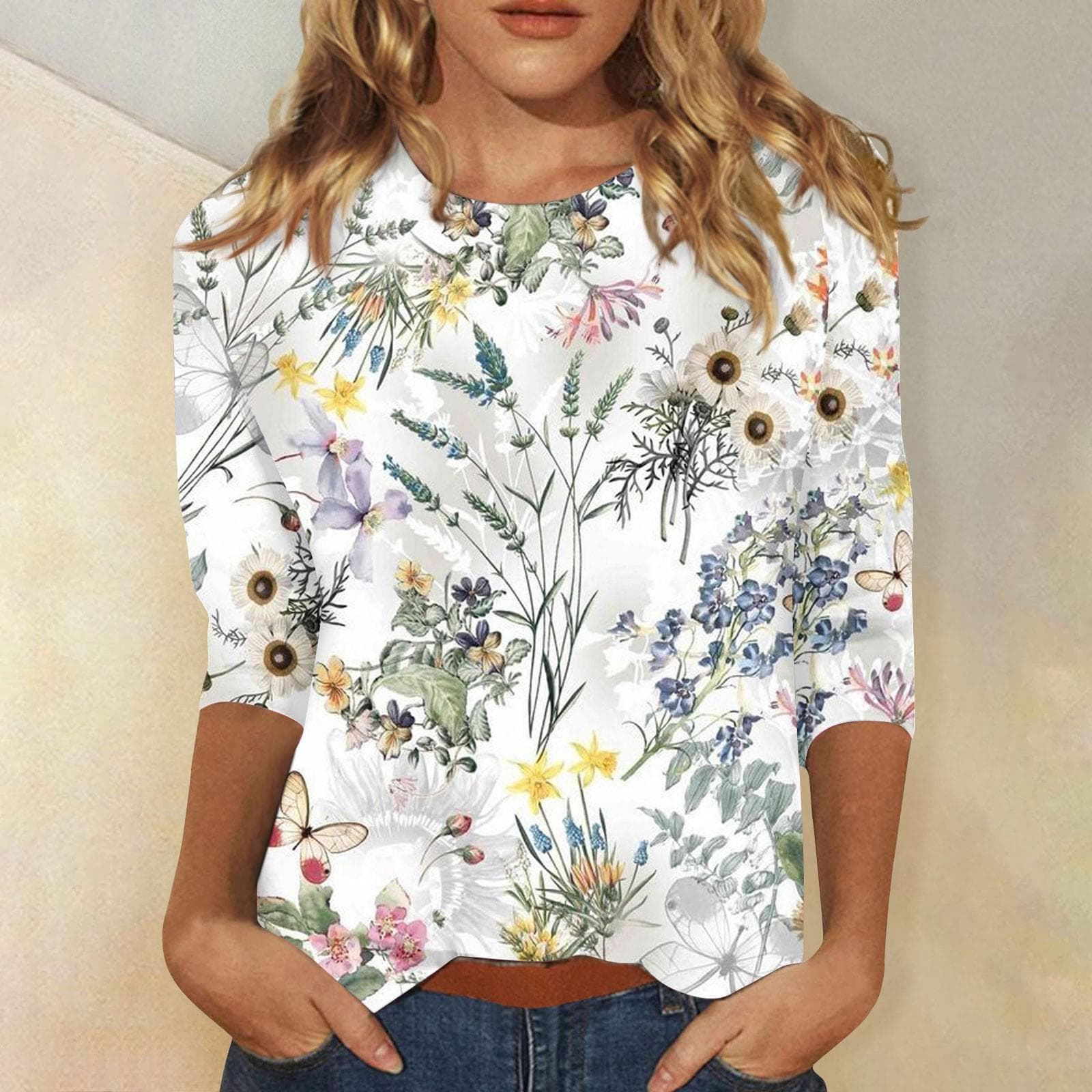 Women Summer Tops Comfortable T Shirt Fashion Flower Print Round Neck 3/4 Sleeve Tops Soft Versatile Pullover Ropa De Mujer 6XL