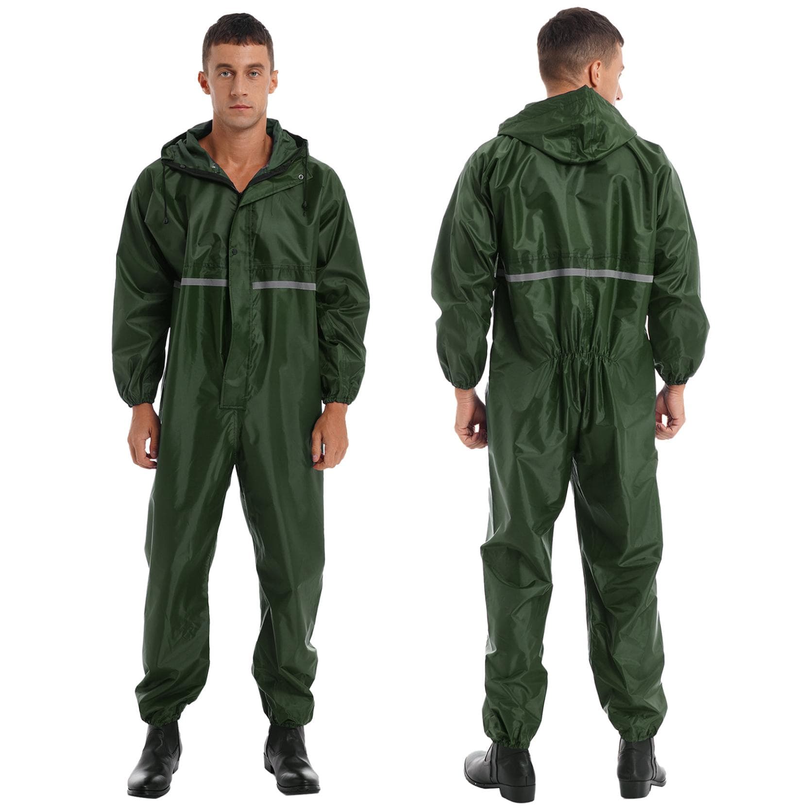 Mens Waterproof Jumpsuit Reflective Strip Rainsuit Long Sleeve Hooded Raincoat Zipper Coveralls 3XL dark green