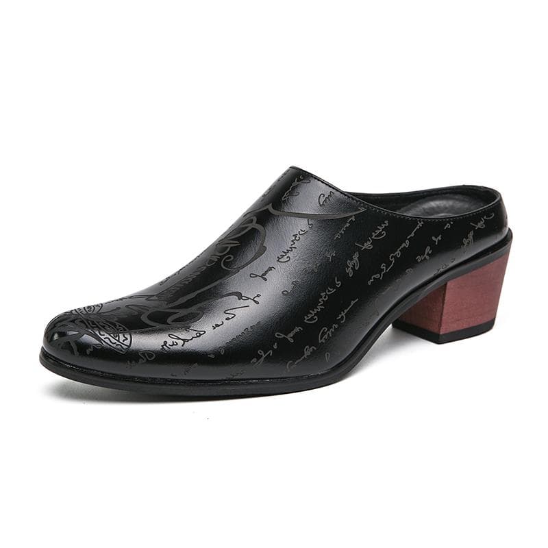 Trendy Classic Retro Men's Genuine Leather Shoes with Printed Design High Heels Half Slippers Versatile Casual Men's Loafers 42 black