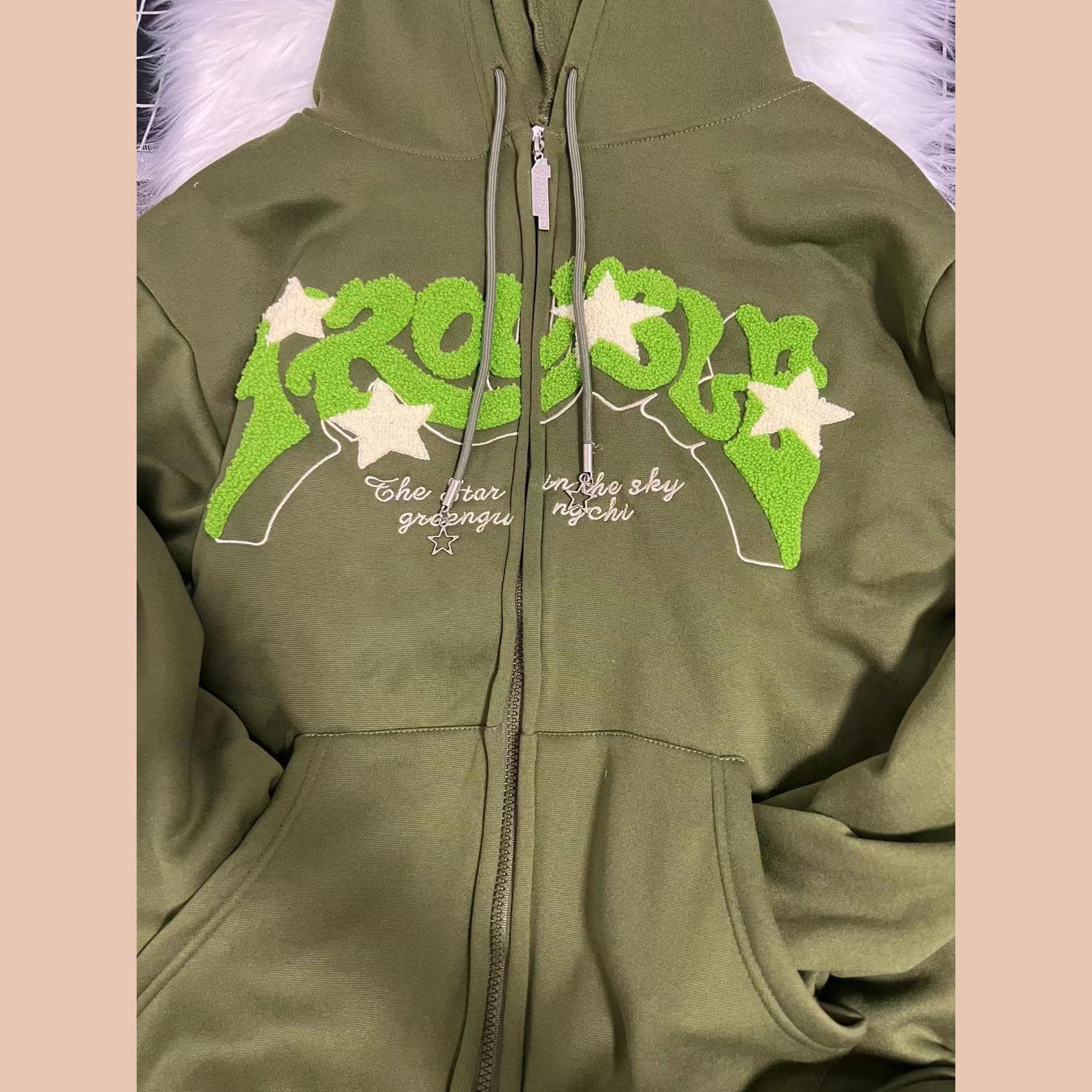 Women Letter Embroidered Hoodies Autumn Winter Vintage Zip Up Loose Hooded Sweatshirts Harajuku Y2K Long Sleeve Jacket Clothes M green