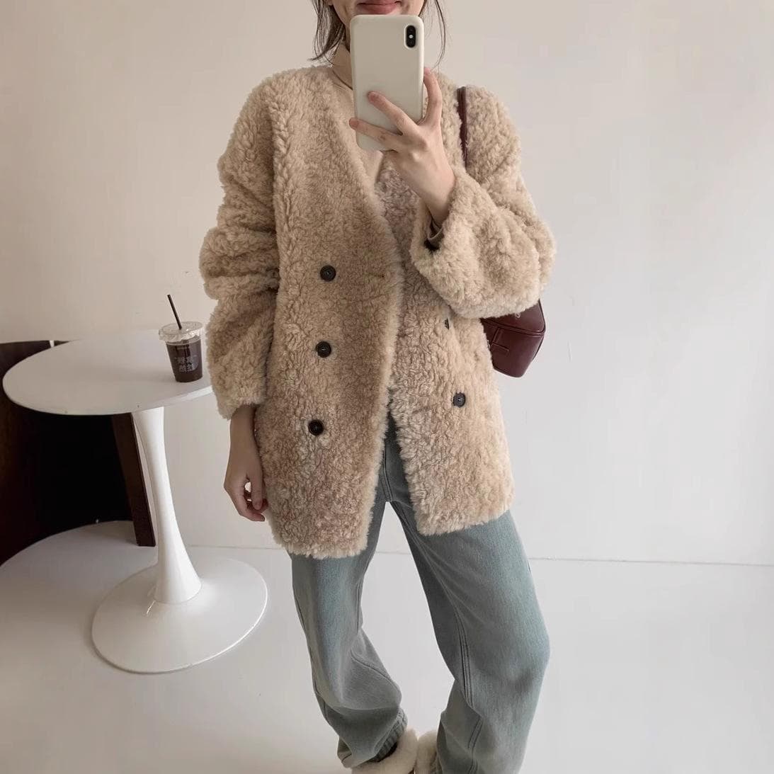 Lamb Wool Coat Women's Medium and Long Winter Fur Coat V-neck Fur S