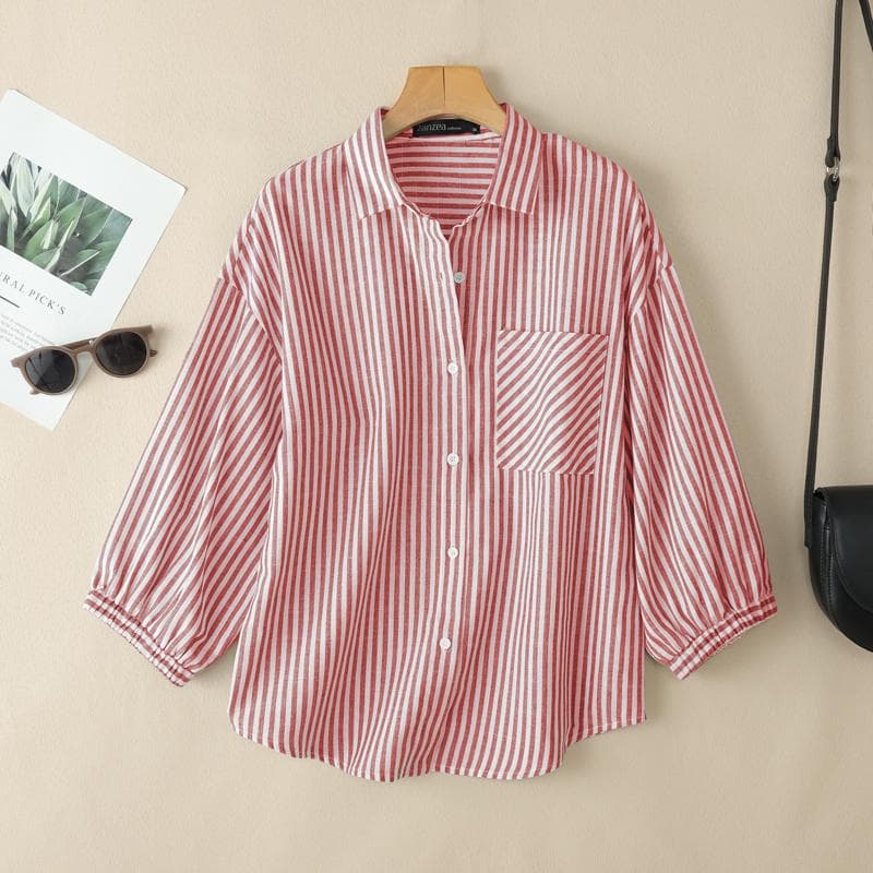 ZANZEA Women Turn Down Collar 3/4 Sleeve Loose Stripe Blouse S red