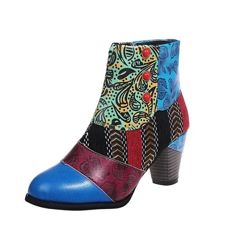 Fashion Vintage Splicing Printed Ankle Boots for Women Shoes Female PU Leather Retro Block High Heels Bohemian Ladies Winter Short Boots 43