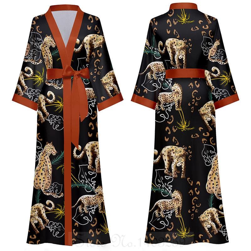 Chinese Style Print Women Long Robe Nightgown Retro Satin Sleepwear Nightdress Half Sleeve Kimono Bathrobe Gown Loose Home Wear One size