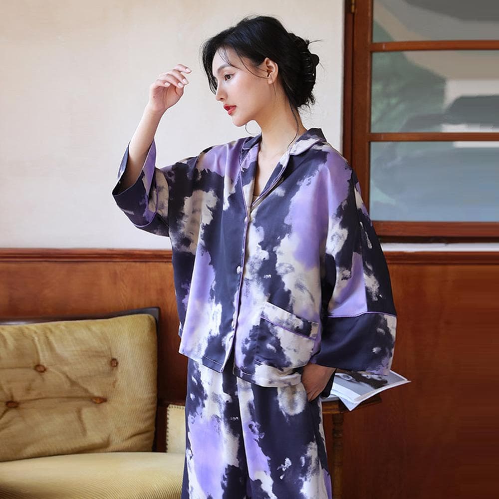 Women's Silk Pajamas Set Printed Purple Loose Long-Sleeve 2 Piece Sleepwear for Women Home Clothes Can Be Wear Outside Suits XL purple