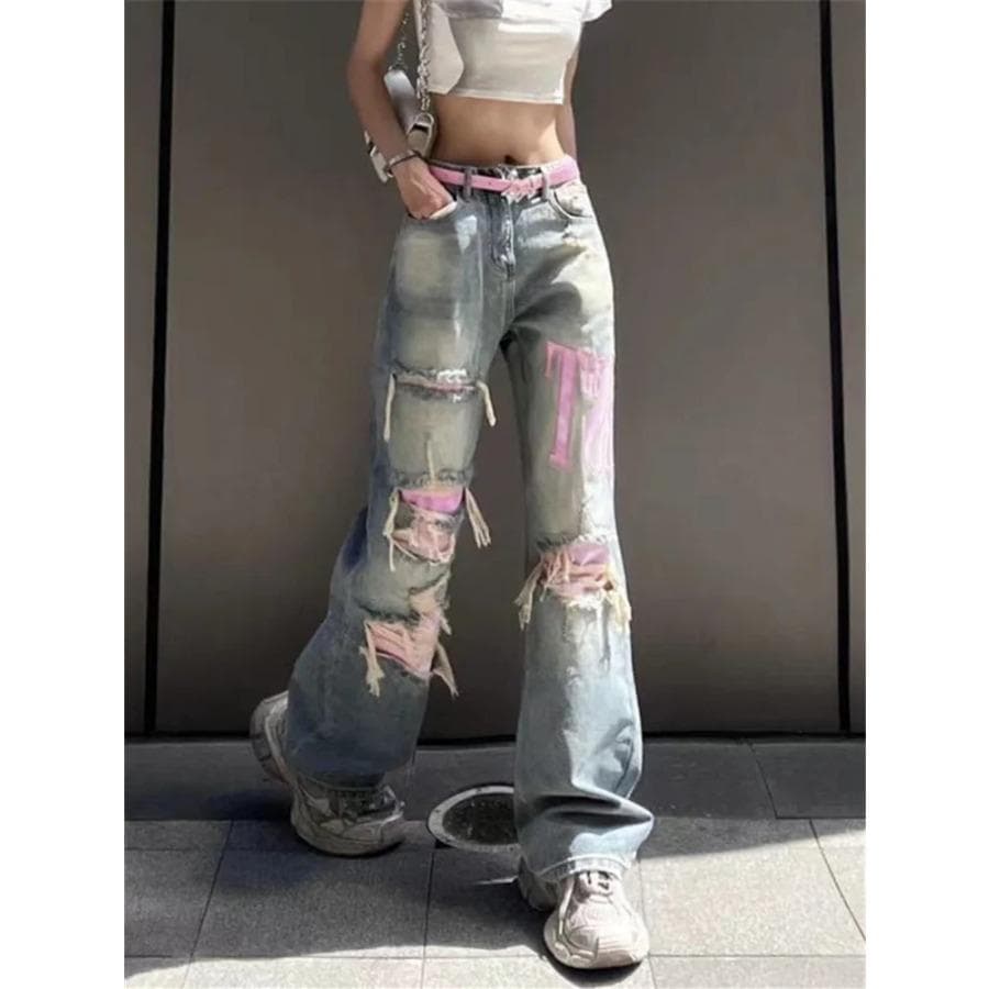 Rockulzzang Blue Ripped Jeans for Women New Fashion Streetwear Slim Low Rise Jeans Chic Vintage Straight Full Length Wide Leg Jeans M blue