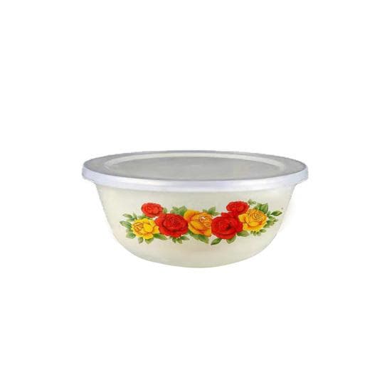 Clear Pattern Enamel Bowl with Lid Nostalgic Chinese Style Salad Bowls for Dinner 16 cm Flower