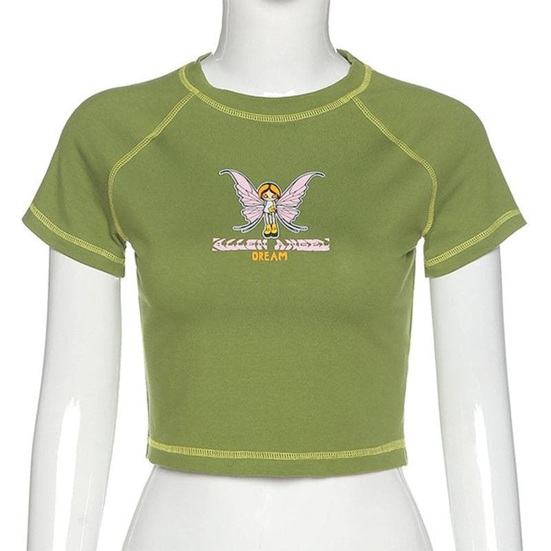 Butterfly Graphic and Letter Printing Stitch Green Crop Tops O-neck Short Sleeve T-shirts clothes shirt vintage bf clothing tee M green
