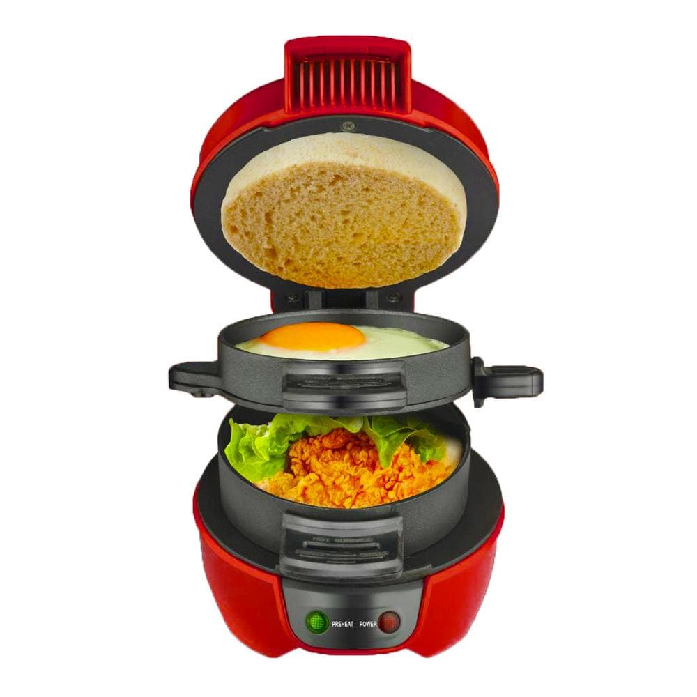 Breakfast Sandwich Maker with Egg Cooker Ring Easy Clean Non Stick Burger Sandwich Omelette Toaster US Plug red