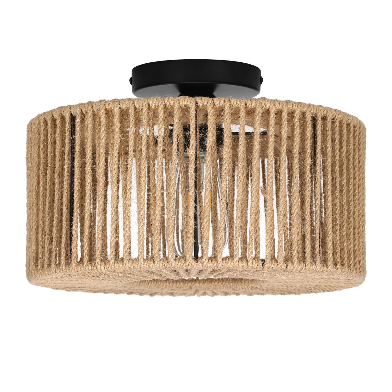 Rattan Woven Light Fixtures Semi Flush Mount Ceiling Light Vintage Indoor Hanging Light E26 yellow/black