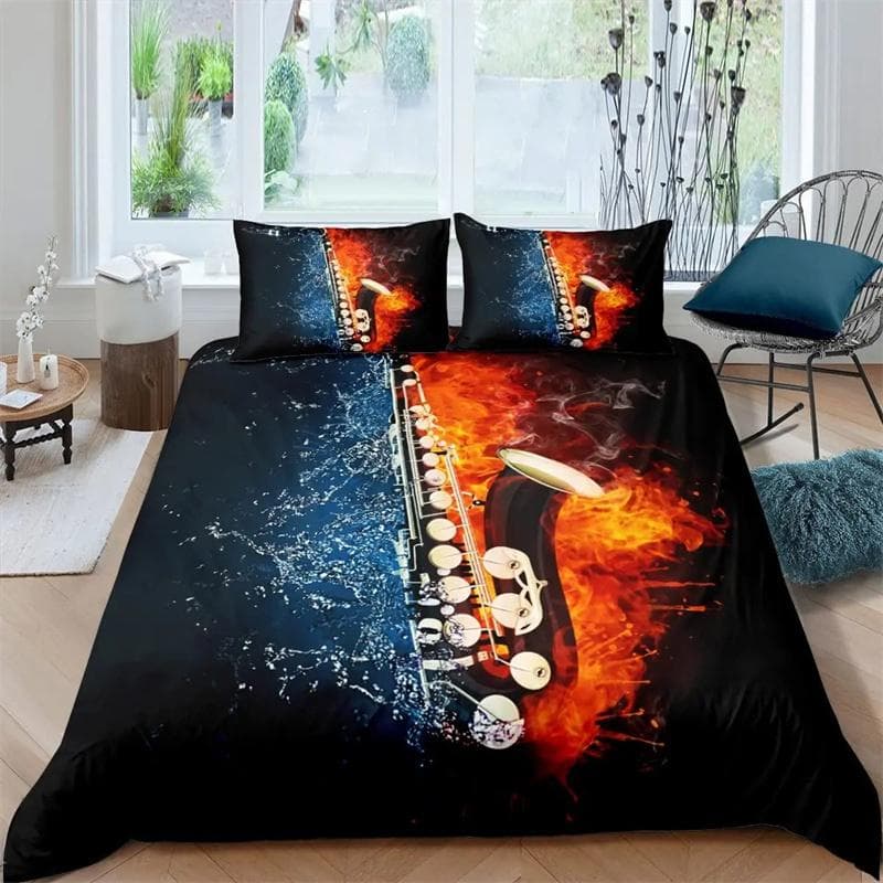 Saxophone Duvet Cover Set Rotating Musical Notes Bedding Set Musical Instrument Retro Jazz Music Theme Twin Quilt Cover For Kids 135x200cm 2pcs