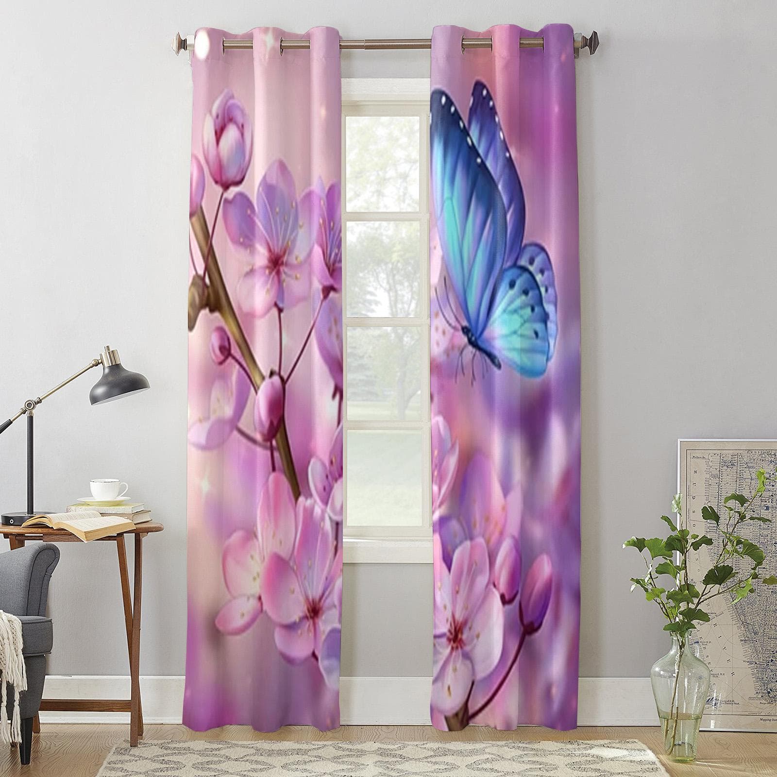 Butterfly And Pink Cherry Blossom Window Curtains For Living Room Luxury Bedroom Decor Drapes Kitchen Window Treatments Curtains 135W x 60H(cm) x1