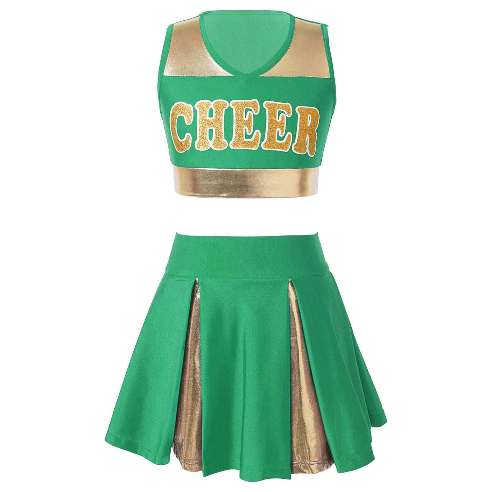Kids Girls Cheerleading Costume Cheerleader Uniform Sleeveless V Neckline Letter Print Crop Top with Elastic Waistband Skirt 14-16 Years green