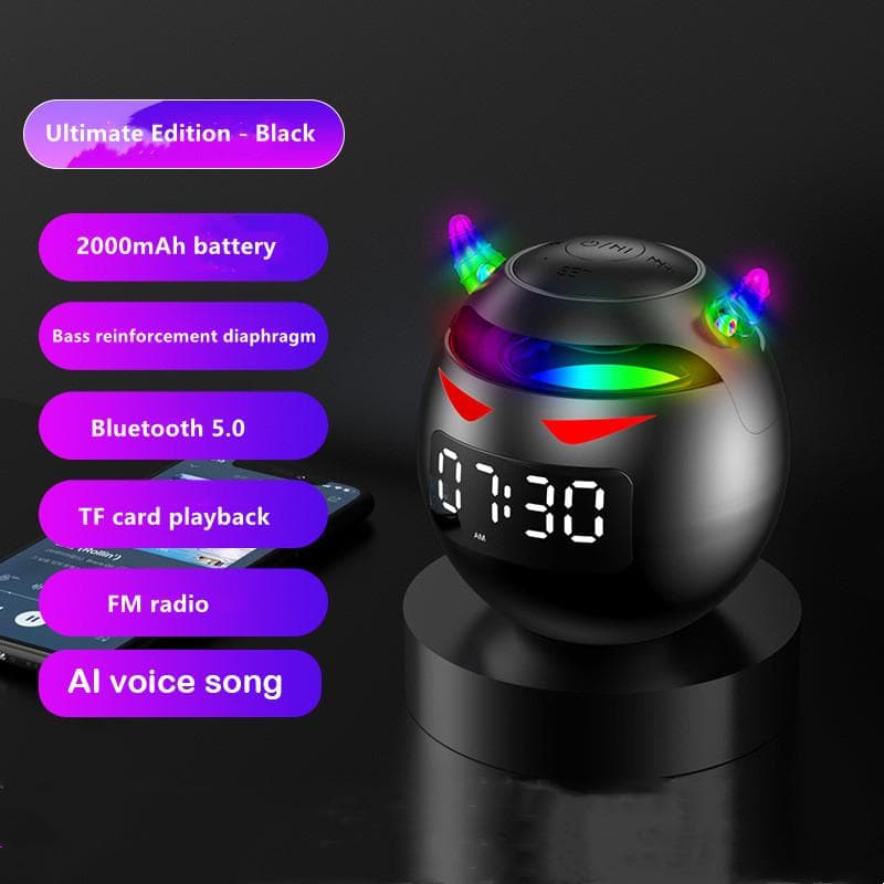 Portable Cute Little Devil AI Smart Bluetooth Speaker 3D Stereo Subwoofer Mini LED Digital Clock Alarm Clock Waterproof HIFI Music Box black