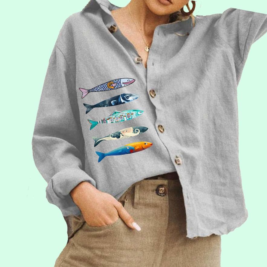 Women Fashion Button Down Shirt Casual Cotton Linen Top Ladies Fish Print Blouse 3XL grey