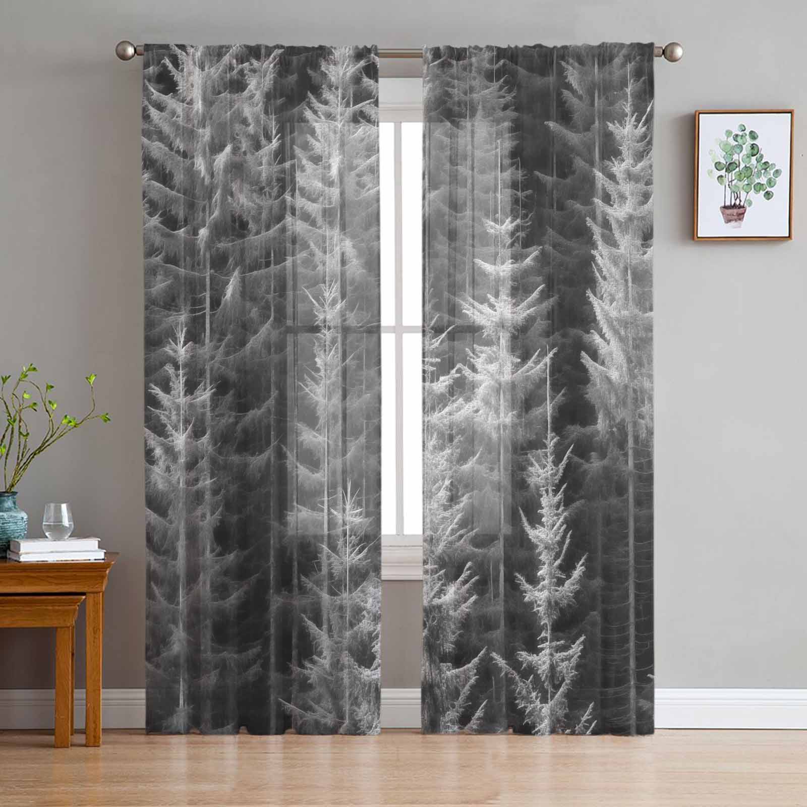 Wallpaper Forest Tree Autumn Tulle Window Curtains for Bedroom Luxury Home Decor Drapes in Living Room Chiffon Panels 135W x 114H(cm)