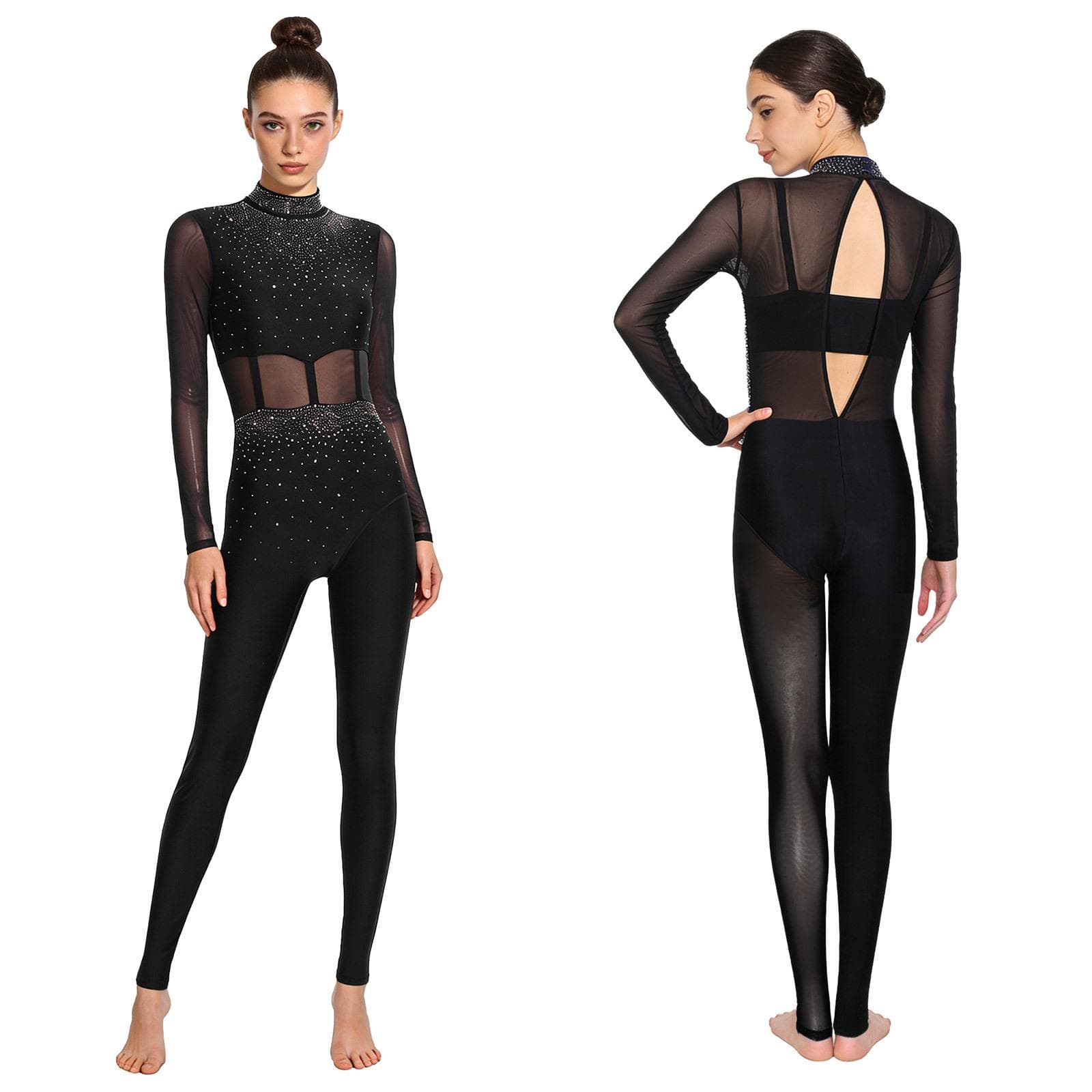 S-XXL Women's Gymnastics & Figure Skating Unitard: Rhinestone Sheer Mesh Patchwork with Cutout Back, Full-Body Performance Wear XL black