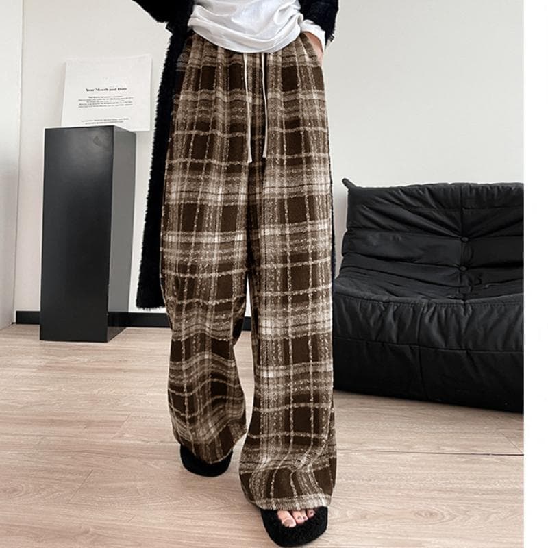 Plaid Pants for Autumn and Winter Plus Velvet Pants for Women Wearing Loose Draped Retro Casual Pants for Women High Waist Wide-leg Pants XL