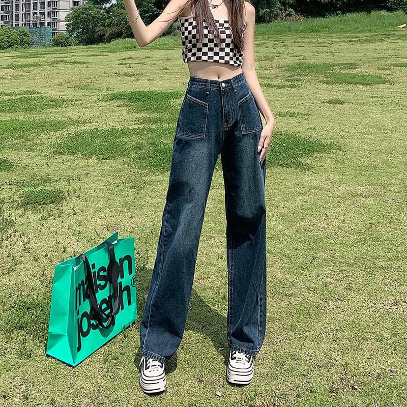 Retro Wide-leg Jeans for Women In Spring and Autumn Thin High Waist Slim Loose Straight Draped Floor Pear-shaped Body Pants XL blue