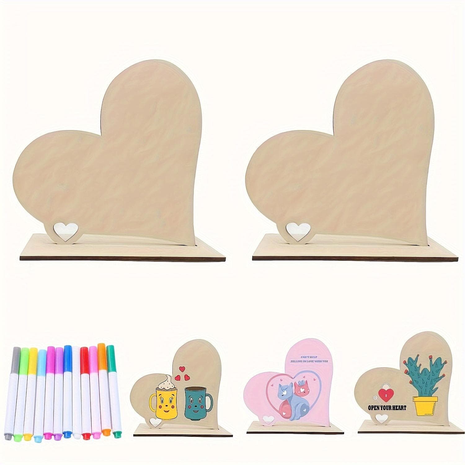 DIY Wooden Heart Sign: Perfect for Mother's Day or Any Special Occasion - Unfinished Wooden Plaque 2pcs Love Wooden Ornaments + 12pcs Watercolor Pens
