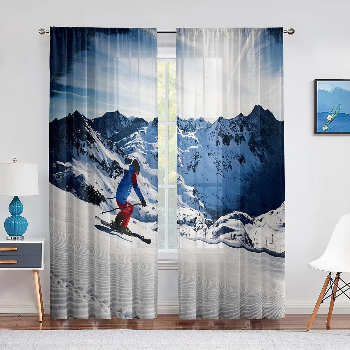 Skier Skiing In High Mountains Extreme Winter Sports Chiffon Sheer Curtains for Living Room Bedroom Window Voiles Tulle Curtain 1 PCS W100XH250cm&Grommet Top