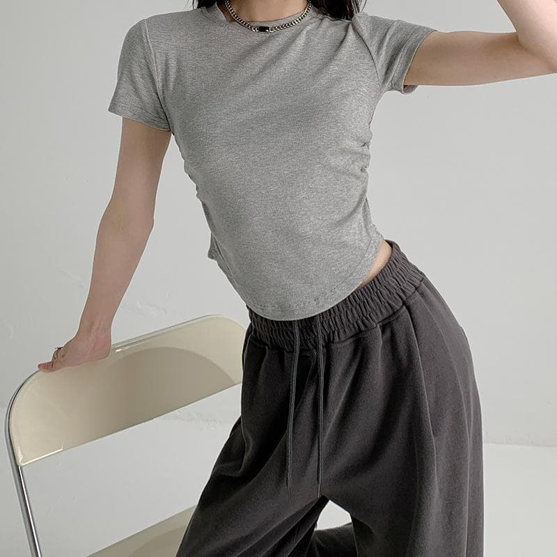 Women's Summer New Design Slim Base Shirt Waist-hugging Round Neck Top XL grey