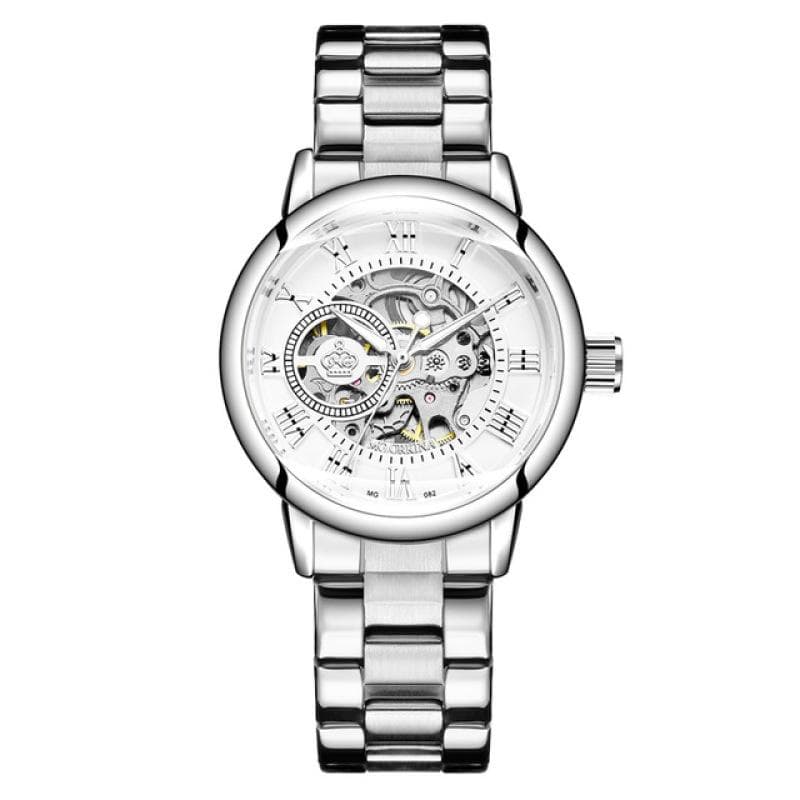 Women Automatic Mechanical Watch Skeleton Watches Mesh Stainless Steel Fashion Ladies Wristwatch None silver