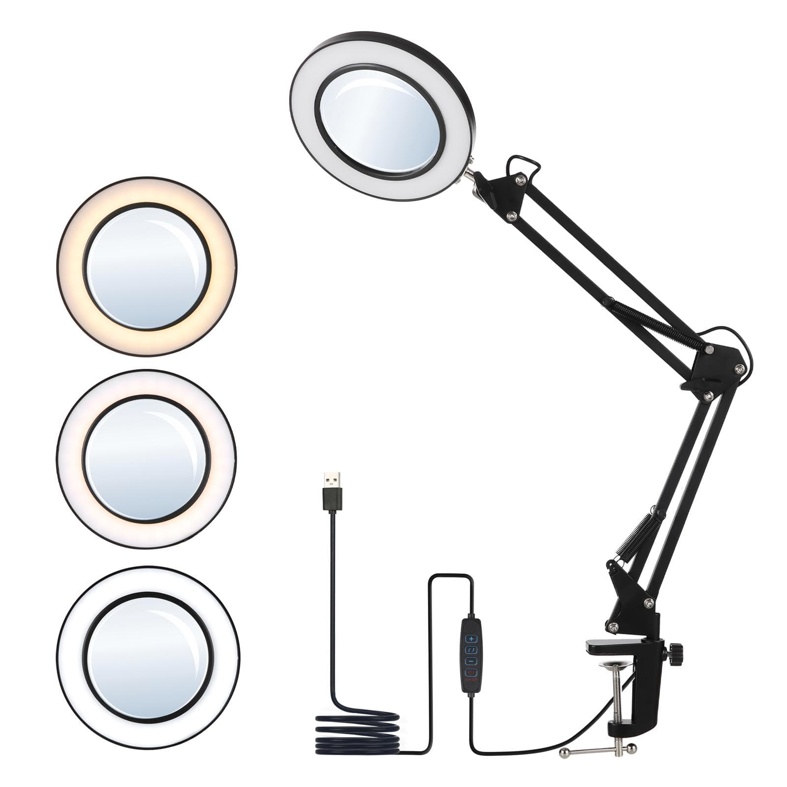 Flexible Clampon Table Lamp with 8x Magnifier Swing Arm Dimmable LEDs Desk Light 3 Color Modes & black