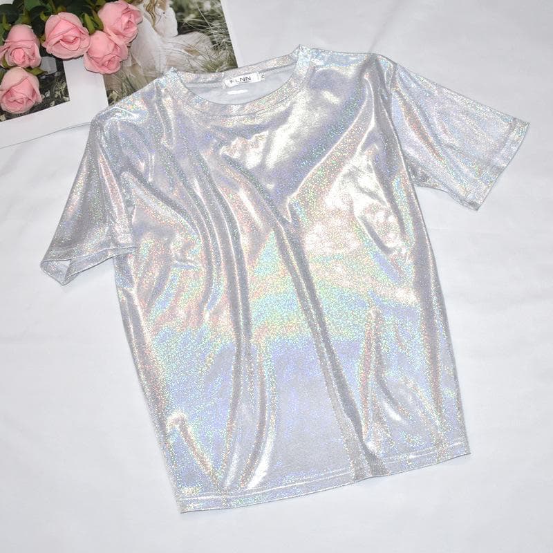 Korean Glitter Silk Loose Fit T-Shirt - Trendy Large Size Short-Sleeve Top for Women and Students S white