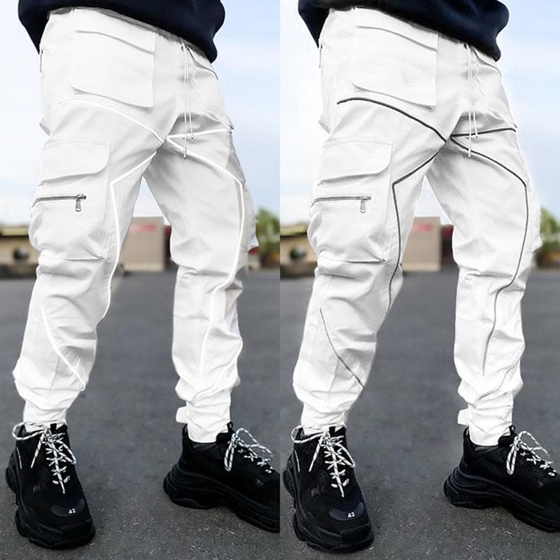 Spring men's casual trousers loose large size work trousers men's tide card drawstring leg opening velcro sports trousers man XL white