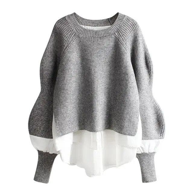 Knit Sweater Women Winter Fake Two-piece Fashion Loose Round Neck Design Sense Pullover Thin Long-sleeved Oversize Top Sweater one size gray