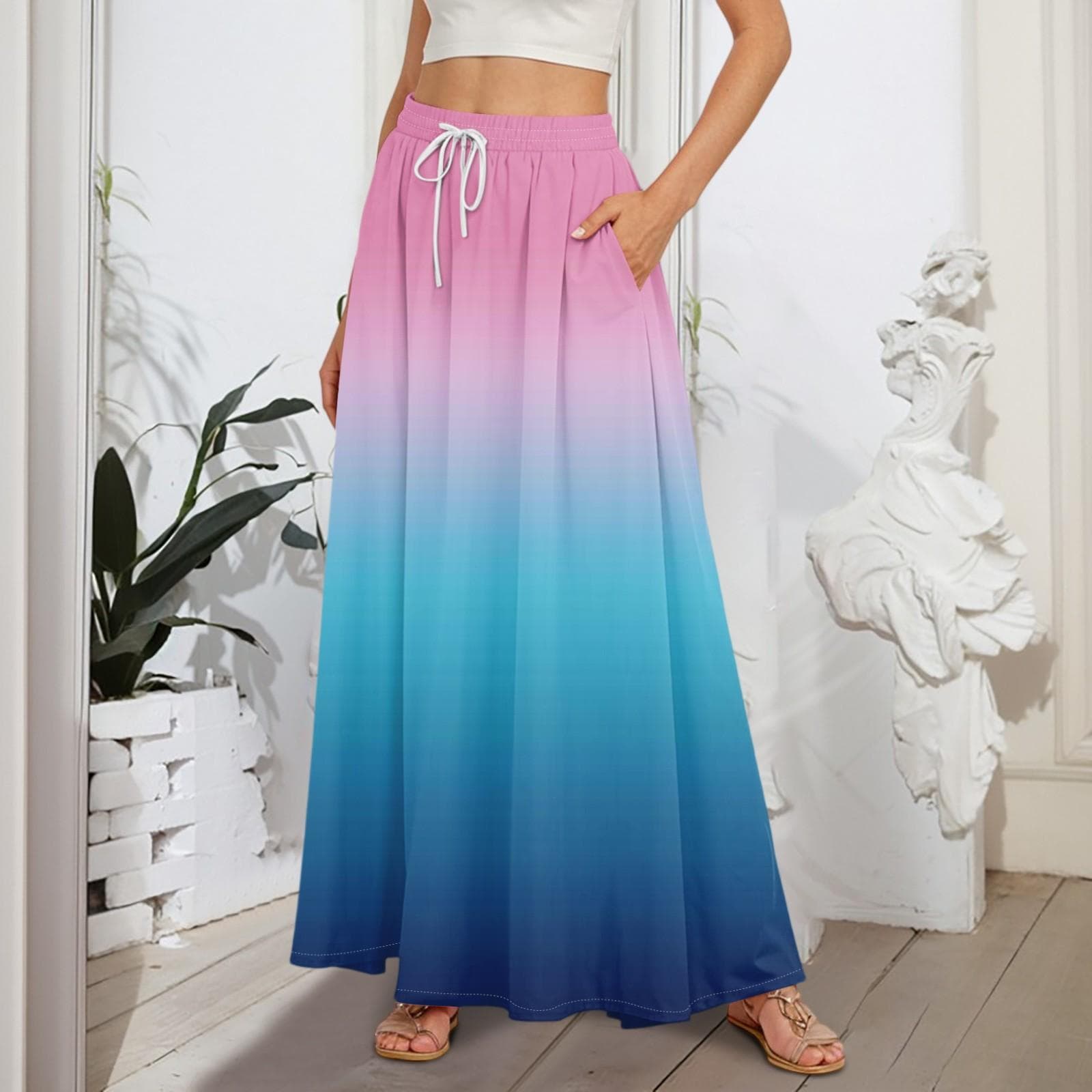 Women's Flowy Flared Ruffle Hem A Line Maxi Skirts Elastic Waist Elegant Tiered Layer Boho Long Skirts L blue