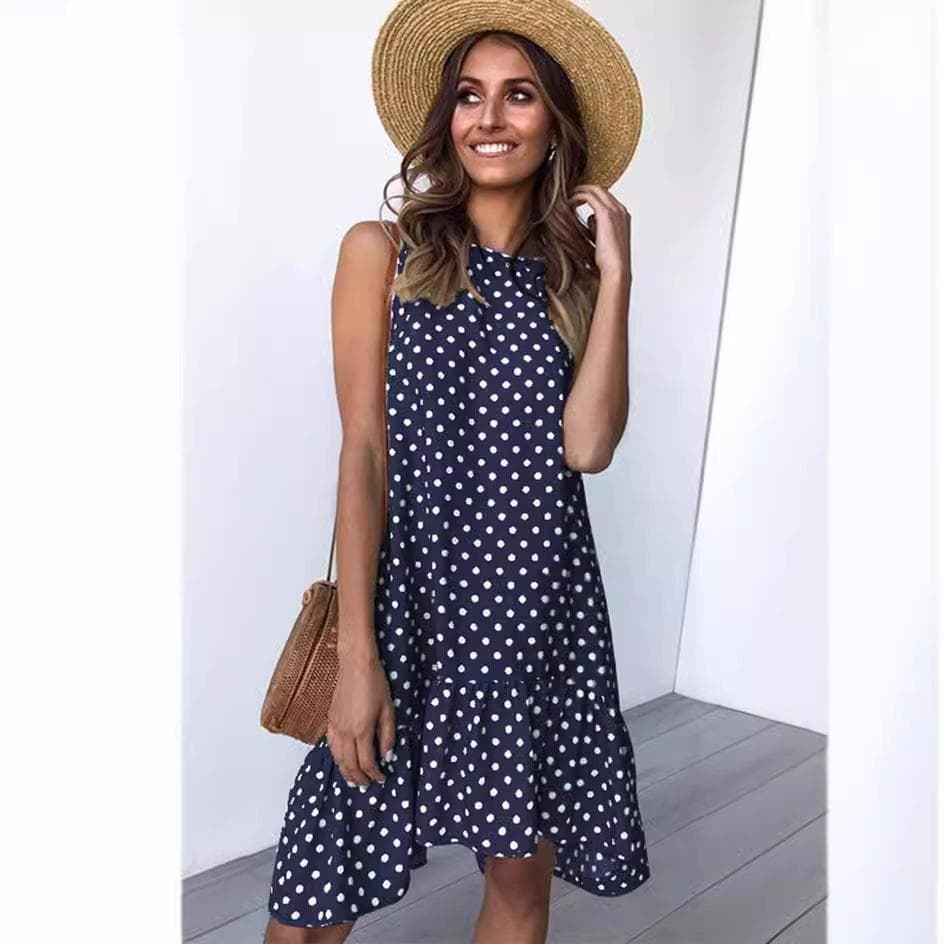 IHUASU Round Neck Sleeveless Polka Dot Loose Skirt Skirt M dark blue