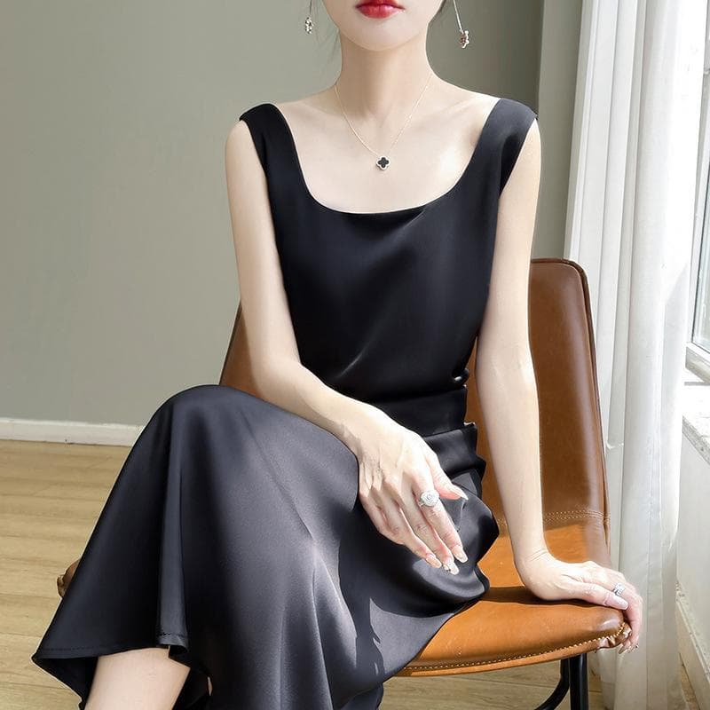 Summer French Inner Waist Waist Vest Suspender Skirt Acetate Satin High-end Square Collar Satin Dress for Women XXL