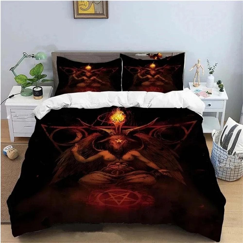 Baphomet Duvet Cover King Queen Size Pentagram with Demon Satanic Goat Head Bedding Set for Boy Men Horror House Comforter Cover 135X200cm-2pcs