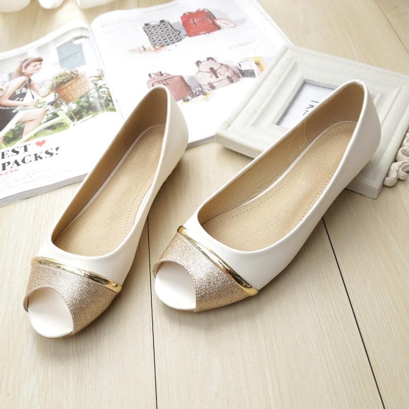 Fashion Women Flats Peep Toe Flats Comfortable PU Leather Pink Gold White Shoes Woman 39 white