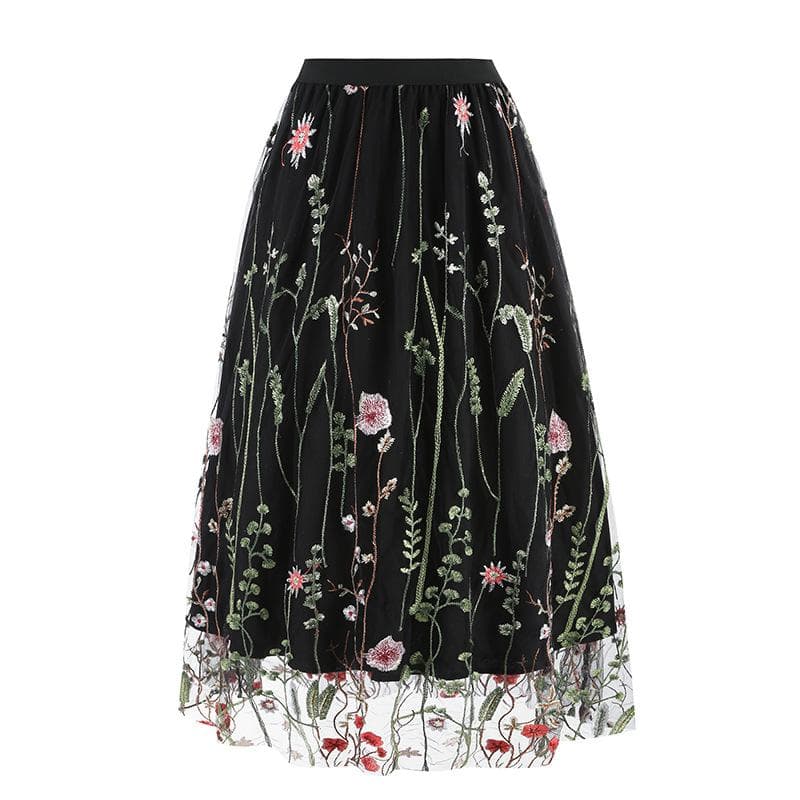 Vintage Mesh Flower Embroidered Skirt Elegant Sweet A-line Skirt For Spring Summer M black