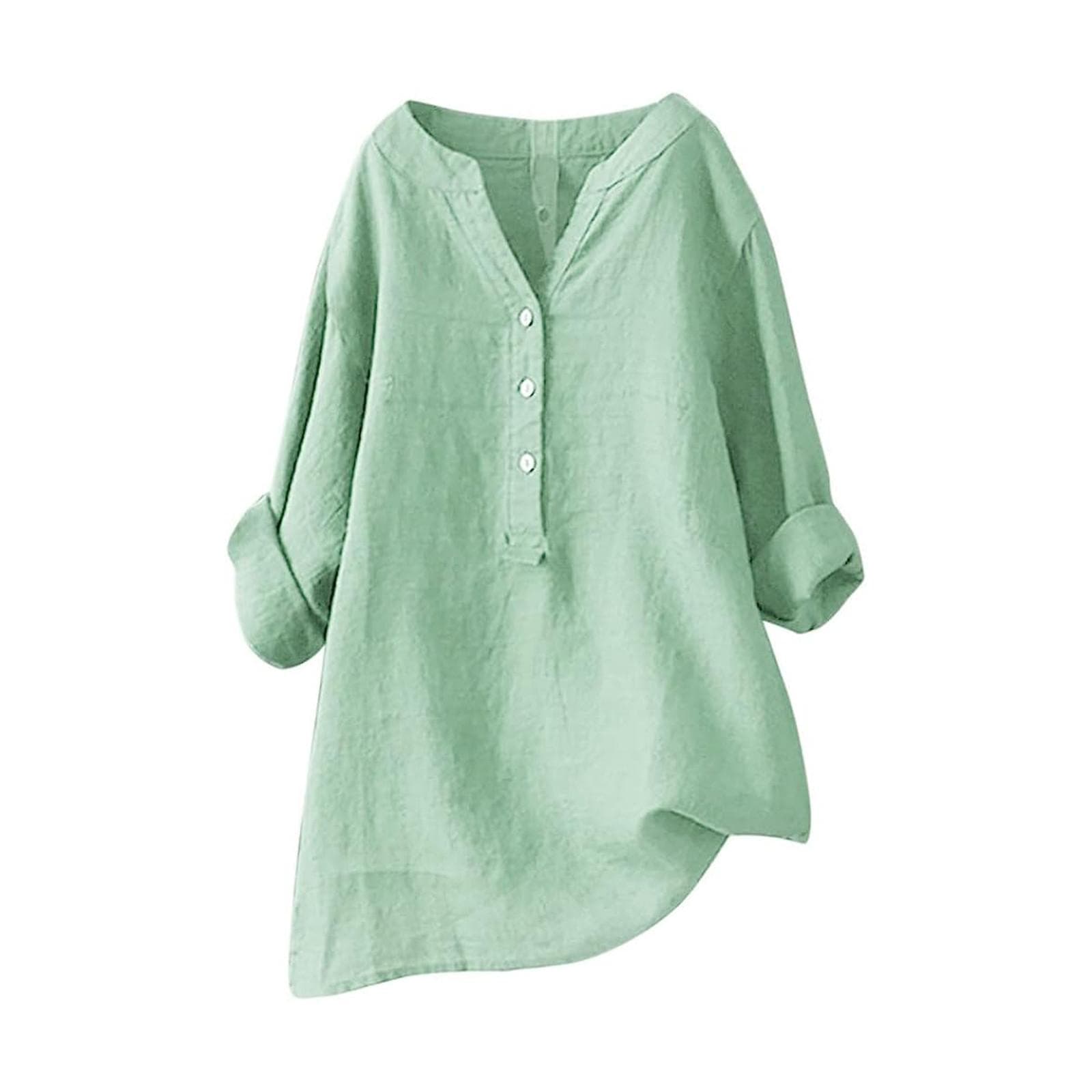 Women Solid Stand Collar Long Sleeve Shirt Casual Loose Blouse Button Down Tops XL green